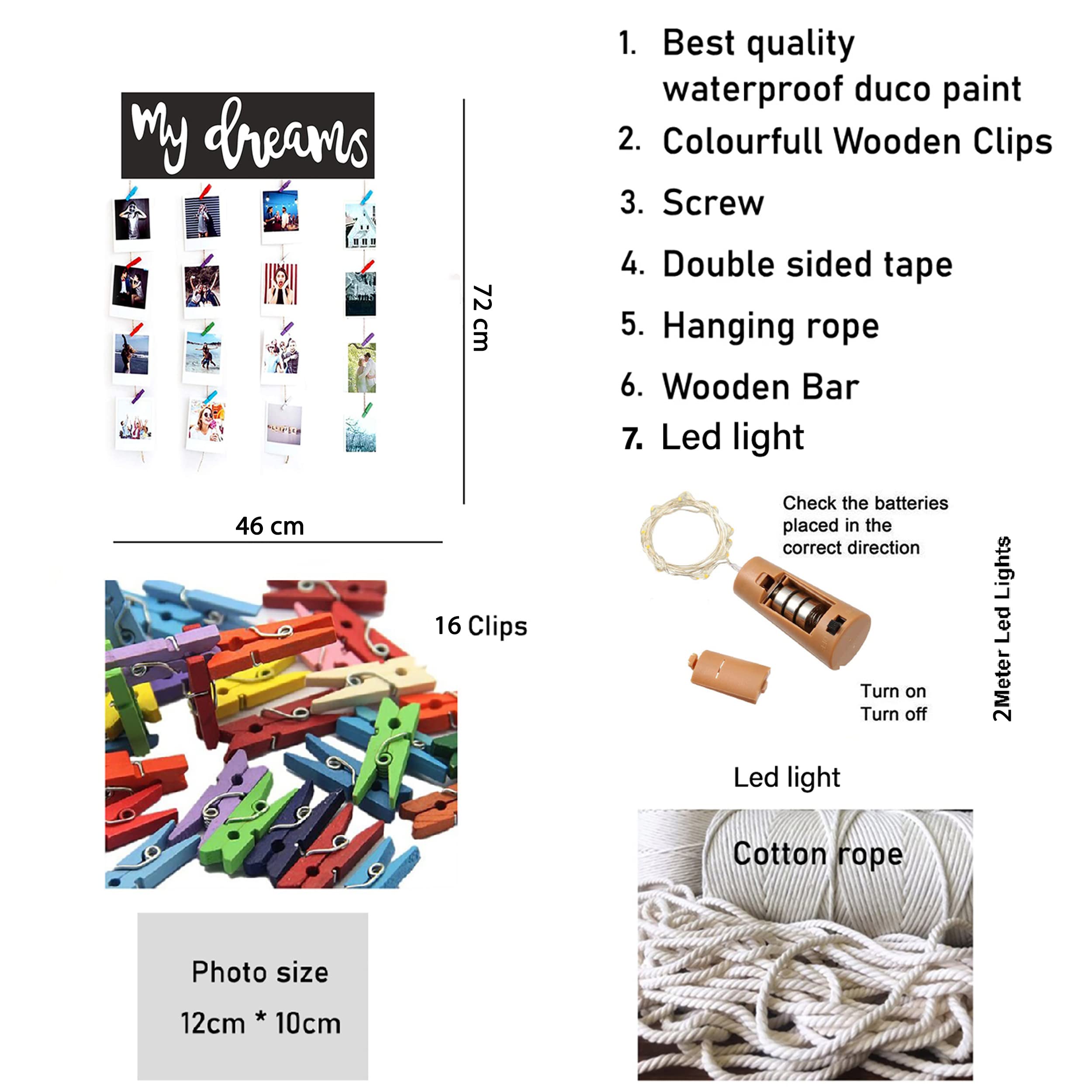 Vah Wooden Photo Frame With Led Light - Display Picture Collage Organizer With Clips (My Dream With Light)